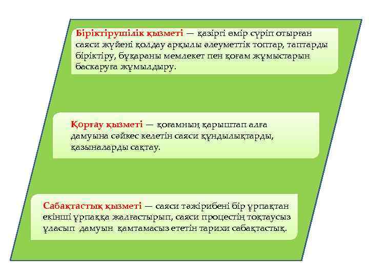 Біріктірушілік қызметі — қазіргі өмір сүріп отырған саяси жүйені қолдау арқылы әлеуметтік топтар, таптарды