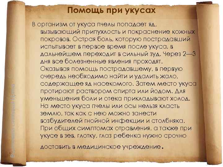 Выполнила Синицкая Ирина Помощь при укусах В организм от укуса пчелы попадает яд, вызывающий