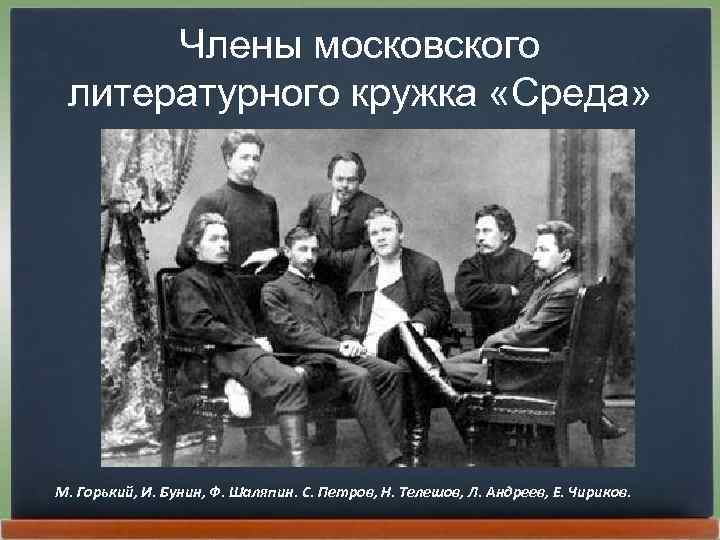 Члены московского литературного кружка «Среда» М. Горький, И. Бунин, Ф. Шаляпин. С. Петров, Н.
