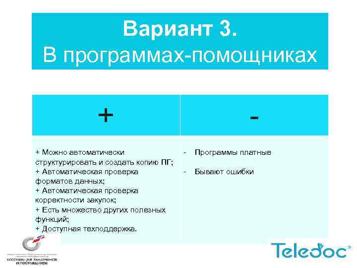 Вариант 3. В программах-помощниках + + Можно автоматически структурировать и создать копию ПГ; +