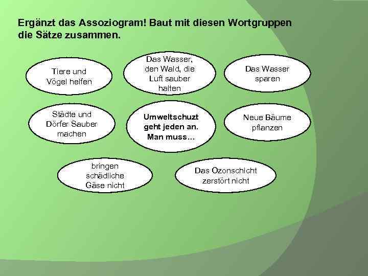 Ergänzt das Assoziogram! Baut mit diesen Wortgruppen die Sätze zusammen. Tiere und Vögel helfen