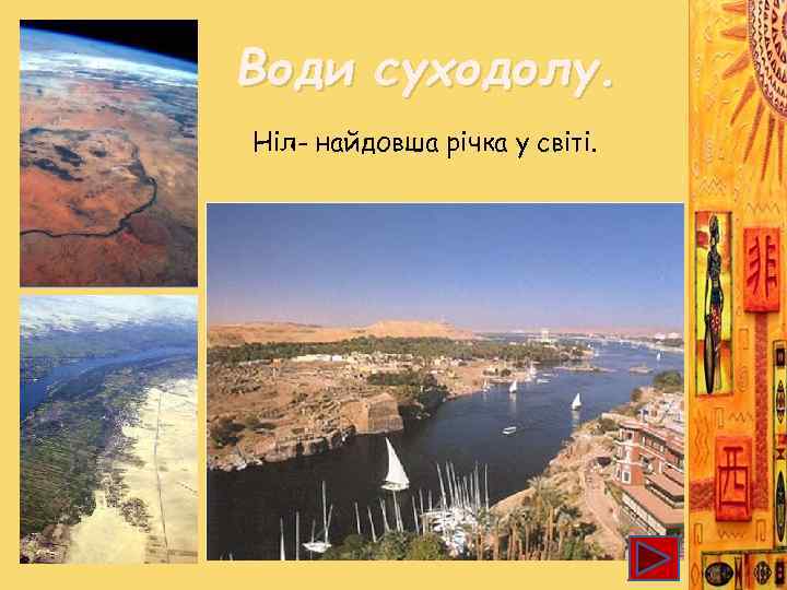 Води суходолу. Ніл- найдовша річка у світі. 