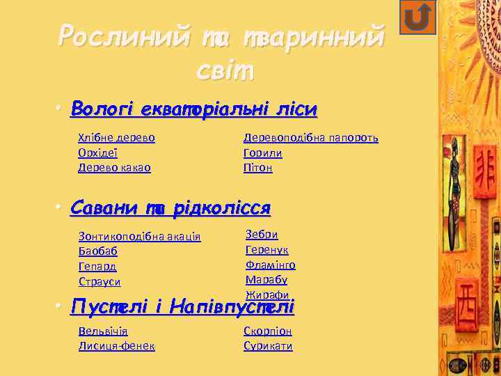 Рослиний та тваринний світ • Вологі екваторіальні ліси Хлібне дерево Орхідеї Дерево какао Деревоподібна