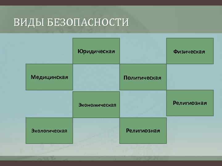 ВИДЫ БЕЗОПАСНОСТИ Юридическая Медицинская Физическая Политическая Религиозная Экономическая Экологическая Религиозная 