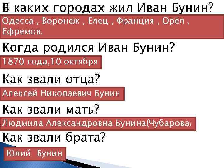 В каких городах жил Иван Бунин? Одесса , Воронеж , Елец , Франция ,