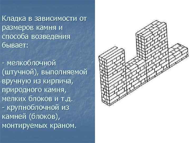 Кладка в зависимости от размеров камня и способа возведения бывает: - мелкоблочной (штучной), выполняемой