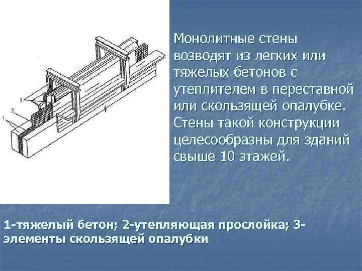 Монолитные стены возводят из легких или тяжелых бетонов с утеплителем в переставной или скользящей