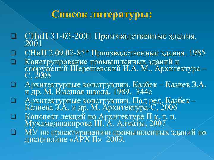 Список литературы: q q q q СНи. П 31 -03 -2001 Производственные здания. 2001