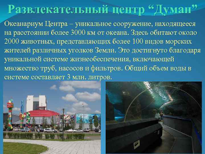 Развлекательный центр “Думан” Океанариум Центра – уникальное сооружение, находящееся на расстоянии более 3000 км