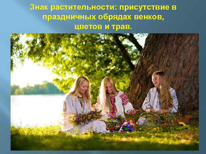 Знак растительности: присутствие в праздничных обрядах венков, цветов и трав. 