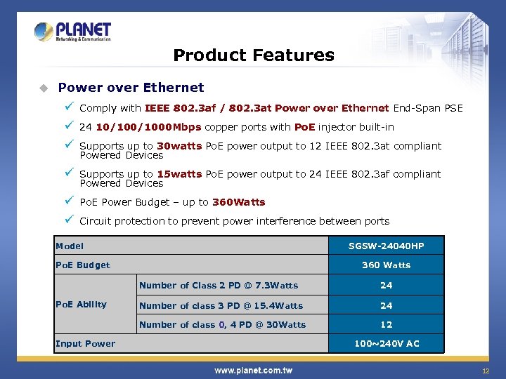 Product Features u Power over Ethernet ü ü ü Comply with IEEE 802. 3