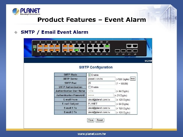 Product Features – Event Alarm u SMTP / Email Event Alarm 
