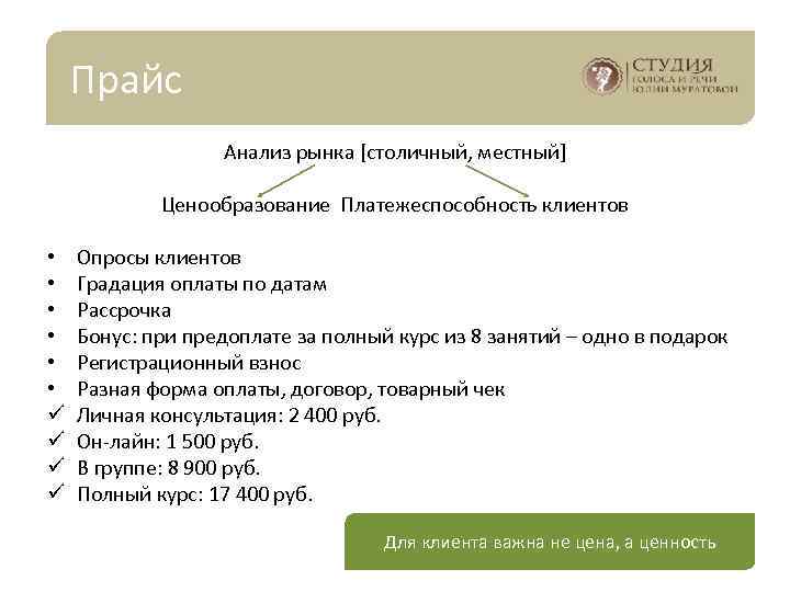 Прайс Анализ рынка [столичный, местный] Ценообразование Платежеспособность клиентов • • • ü ü Опросы