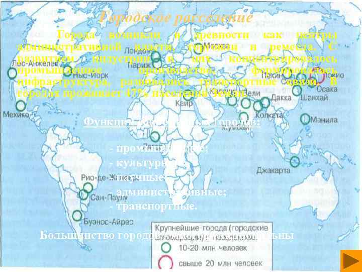 Городское расселение Города возникли в древности как центры административной власти, торговли и ремесла. С