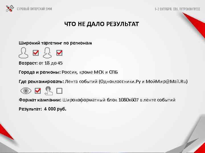 ЧТО НЕ ДАЛО РЕЗУЛЬТАТ Широкий таргетинг по регионам Возраст: от 18 до 45 Города