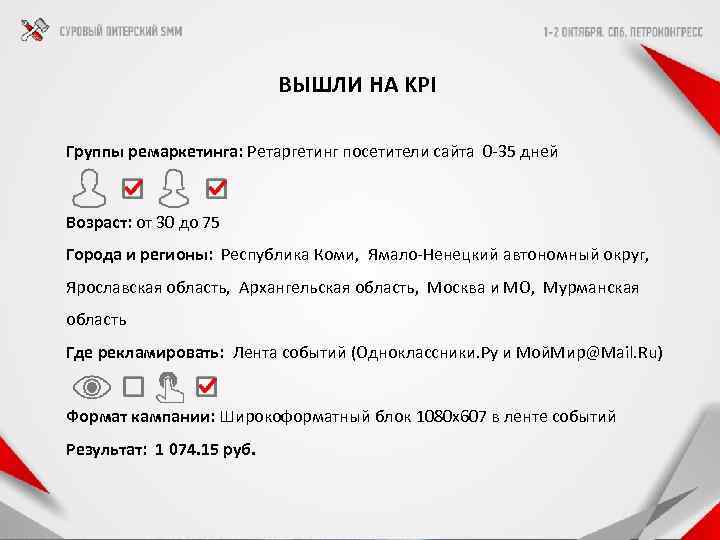  ВЫШЛИ НА KPI Группы ремаркетинга: Ретаргетинг посетители сайта 0 -35 дней Возраст: от