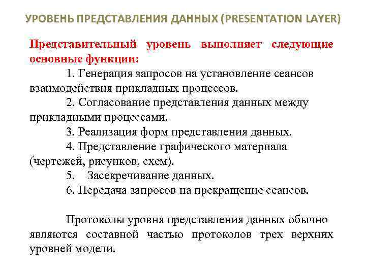 Уровни представления данных. Уровни представления данных и основные функции. Функции уровня представления. Уровень представление данных (presentation layer). Основные функции уровня представления.