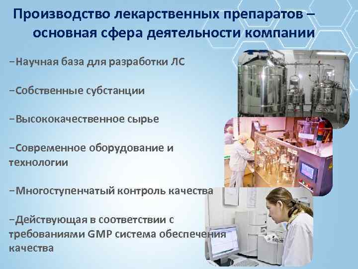 Производство лекарственных препаратов – основная сфера деятельности компании −Научная база для разработки ЛС −Собственные