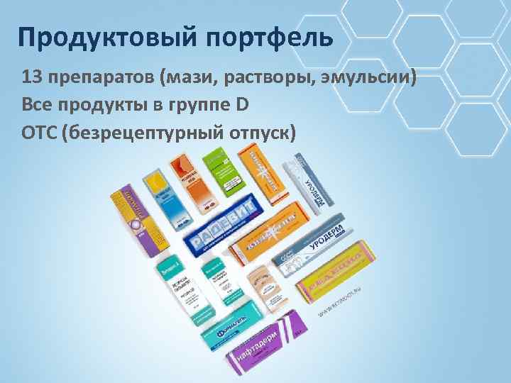 Продуктовый портфель 13 препаратов (мази, растворы, эмульсии) Все продукты в группе D OTC (безрецептурный