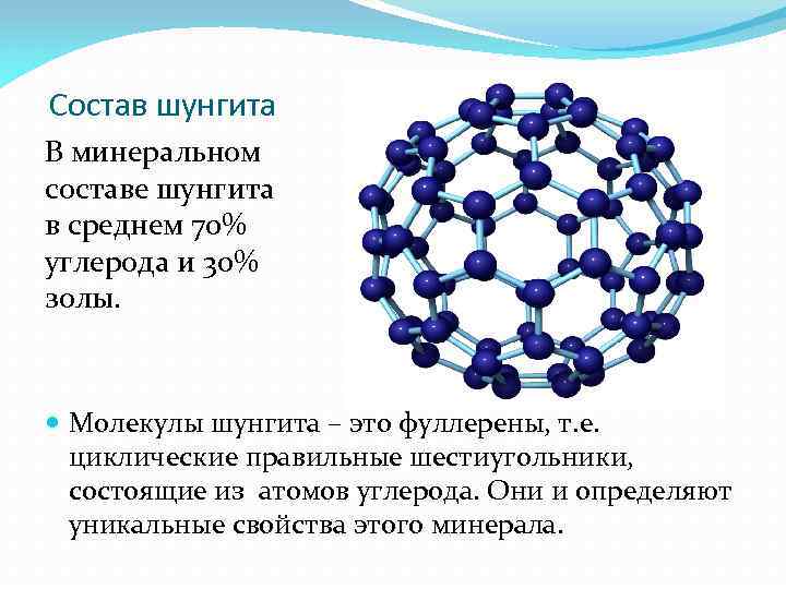 Состав шунгита В минеральном составе шунгита в среднем 70% углерода и 30% золы. Молекулы