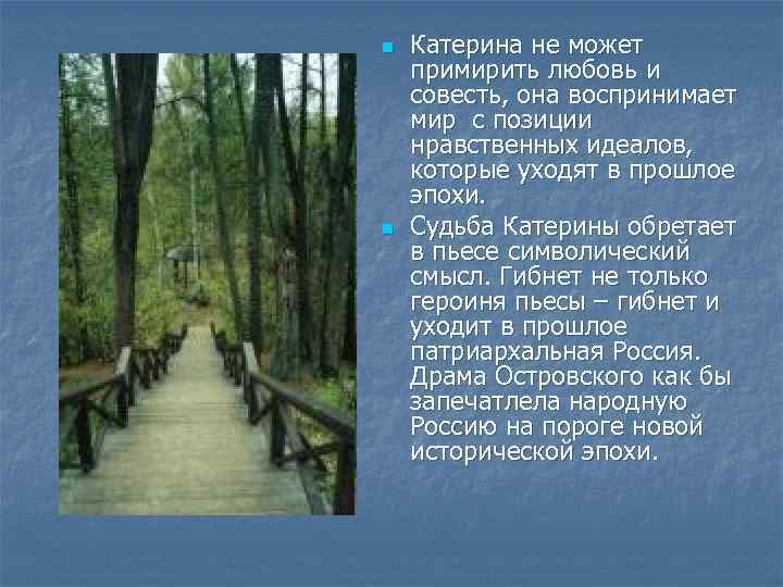 n n Катерина не может примирить любовь и совесть, она воспринимает мир с позиции