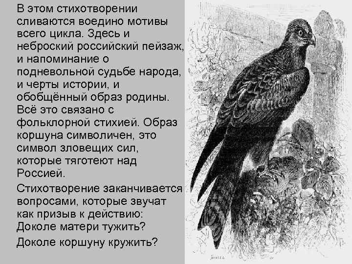  В этом стихотворении сливаются воедино мотивы всего цикла. Здесь и неброский российский пейзаж,