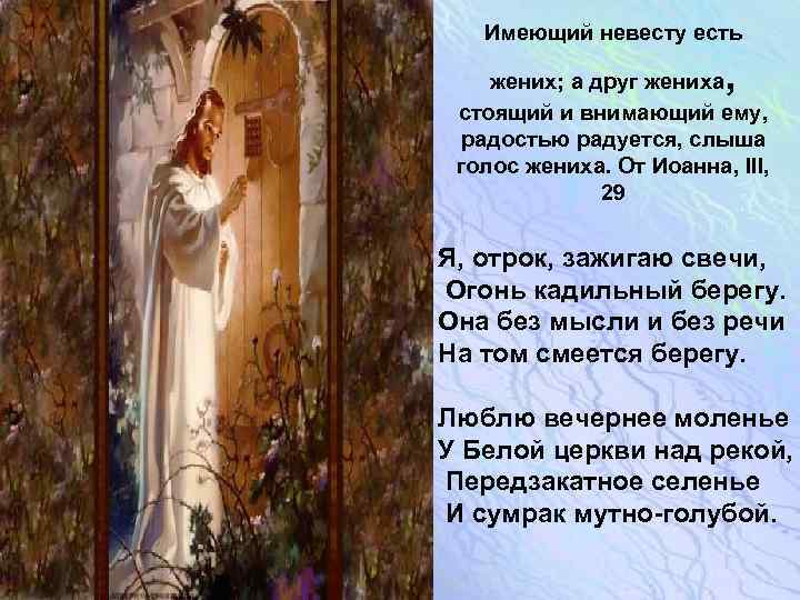 Имеющий невесту есть , жених; а друг жениха стоящий и внимающий ему, радостью радуется,