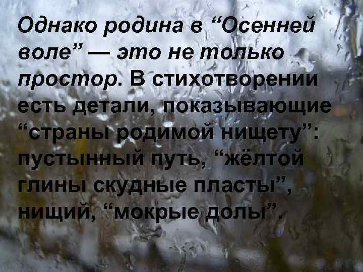 Однако родина в “Осенней воле” — это не только простор. В стихотворении есть детали,
