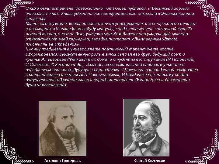 Стихи были встречены благосклонно читающей публикой, и Белинский хорошо отозвался о них. Книга удостоилась
