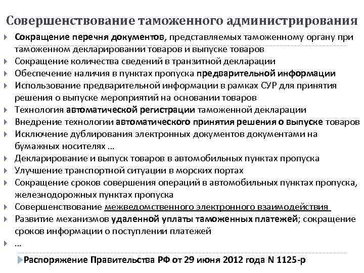 Совершенствование таможенного администрирования Сокращение перечня документов, представляемых таможенному органу при таможенном декларировании товаров и