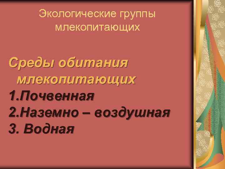 Экологические группы млекопитающих Среды обитания млекопитающих 1. Почвенная 2. Наземно – воздушная 3. Водная