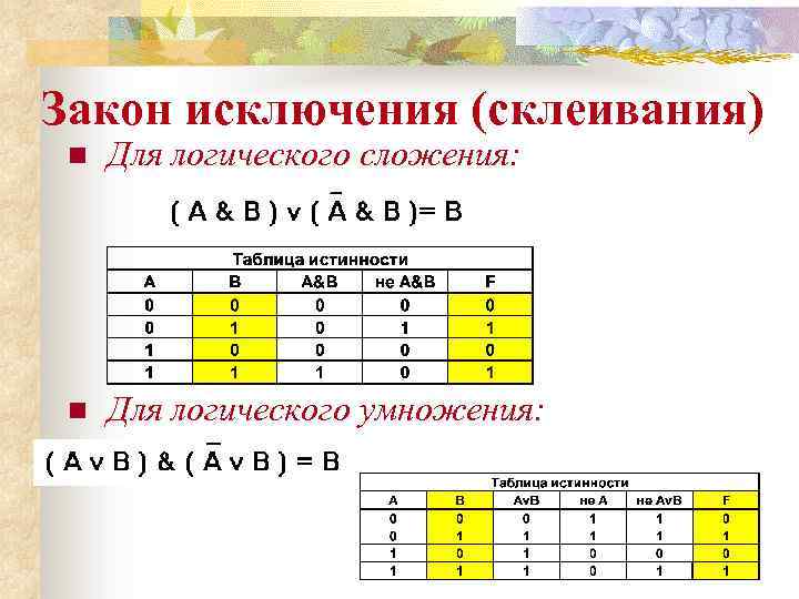 Закон исключения (склеивания) n Для логического сложения: n Для логического умножения: 