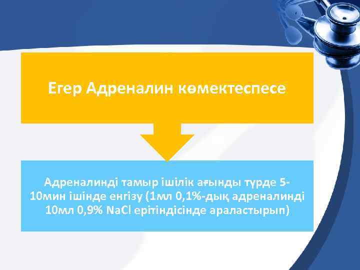 Егер Адреналин көмектеспесе Адреналинді тамыр ішілік ағынды түрде 510 мин ішінде енгізу (1 мл