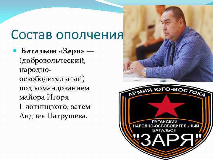 Состав ополчения: Батальон «Заря» — (добровольческий, народноосвободительный) под командованием майора Игоря Плотницкого, затем Андрея
