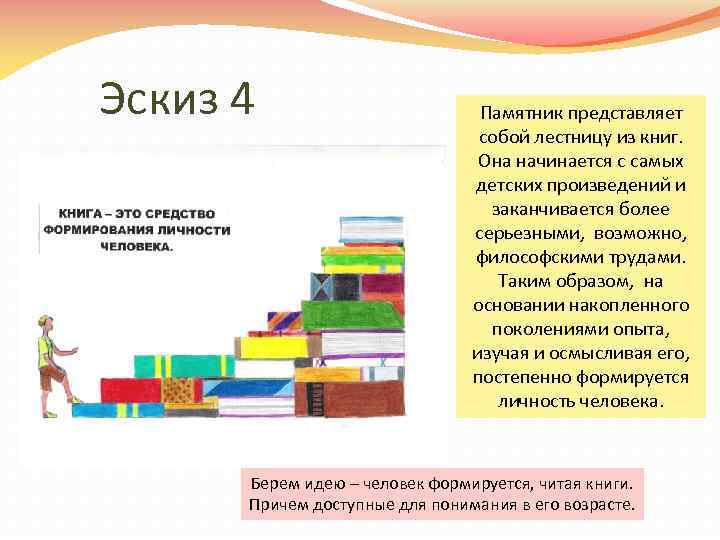 Эскиз 4 Памятник представляет собой лестницу из книг. Она начинается с самых детских произведений