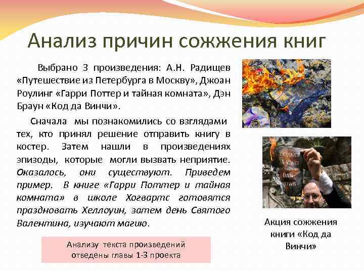 Анализ причин сожжения книг Выбрано 3 произведения: А. Н. Радищев «Путешествие из Петербурга в
