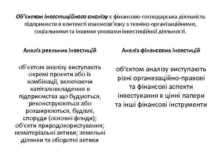 Об’єктом інвестиційного аналізу є фінансово-господарська діяльність підприємств в контексті взаємозв’язку з техніко-організаційними, соціальними та