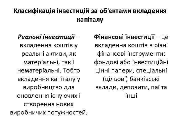 Класифікація інвестицій за об'єктами вкладення капіталу Реальні інвестиції – Фінансові інвестиції – це вкладення