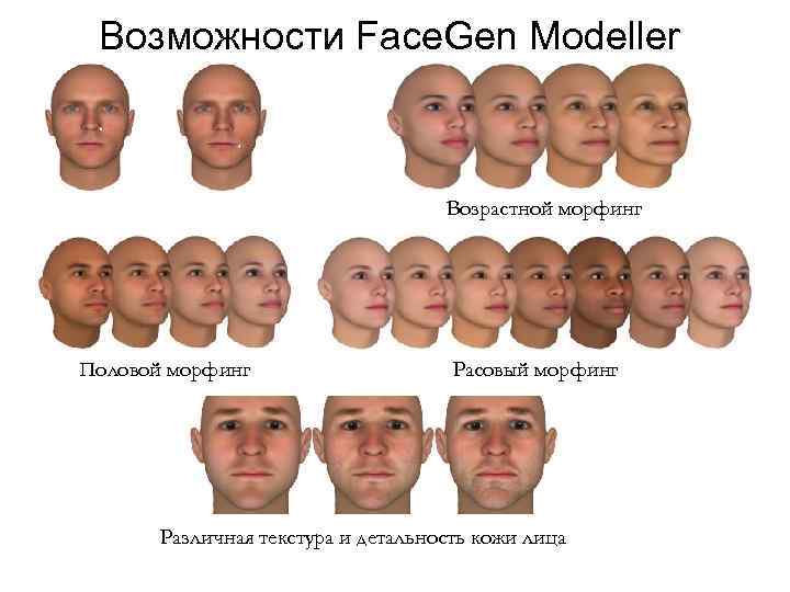 Возможности Face. Gen Modeller Возрастной морфинг Половой морфинг Расовый морфинг Различная текстура и детальность