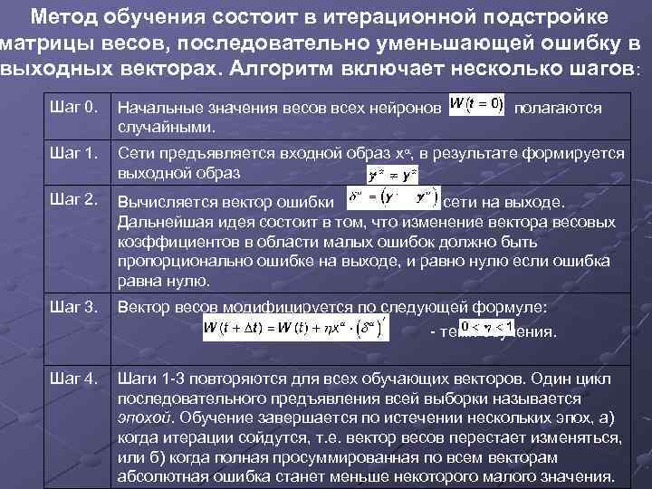 Метод обучения состоит в итерационной подстройке матрицы весов, последовательно уменьшающей ошибку в выходных векторах.