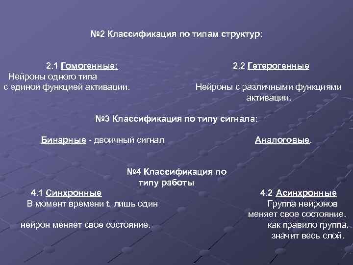 № 2 Классификация по типам структур: 2. 1 Гомогенные: 2. 2 Гетерогенные Нейроны одного