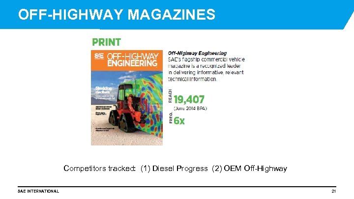 OFF-HIGHWAY MAGAZINES Competitors tracked: (1) Diesel Progress (2) OEM Off-Highway SAE INTERNATIONAL 21 