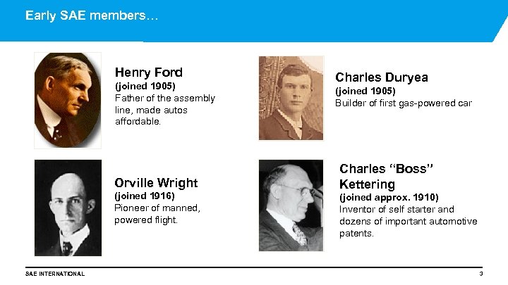 Early SAE members… Henry Ford (joined 1905) Father of the assembly line, made autos