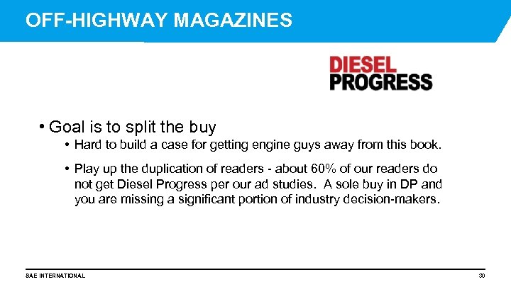 OFF-HIGHWAY MAGAZINES • Goal is to split the buy • Hard to build a