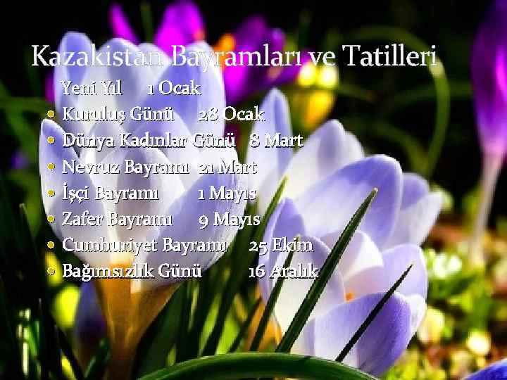 Kazakistan Bayramları ve Tatilleri Yeni Yıl 1 Ocak Kuruluş Günü 28 Ocak Dünya Kadınlar