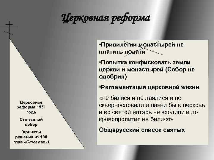 Церковная реформа • Привилегии монастырей не платить подати • Попытка конфисковать земли церкви и