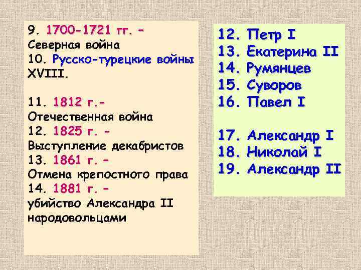9. 1700 -1721 гг. – Северная война 10. Русско-турецкие войны XVIII. 11. 1812 г.