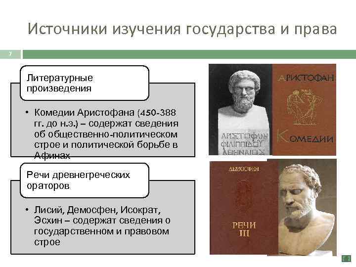 Источники изучения государства и права 7 Литературные произведения • Комедии Аристофана (450 -388 гг.