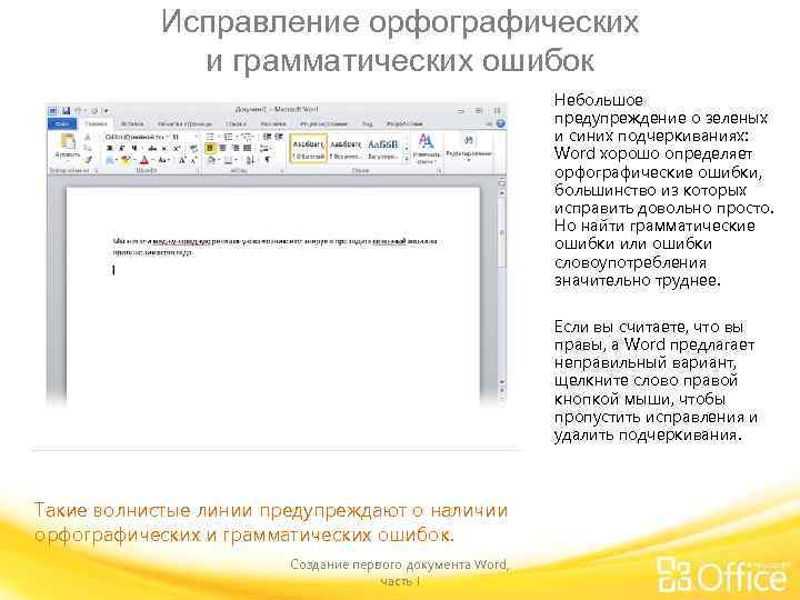 Исправление орфографических и грамматических ошибок Небольшое предупреждение о зеленых и синих подчеркиваниях: Word хорошо