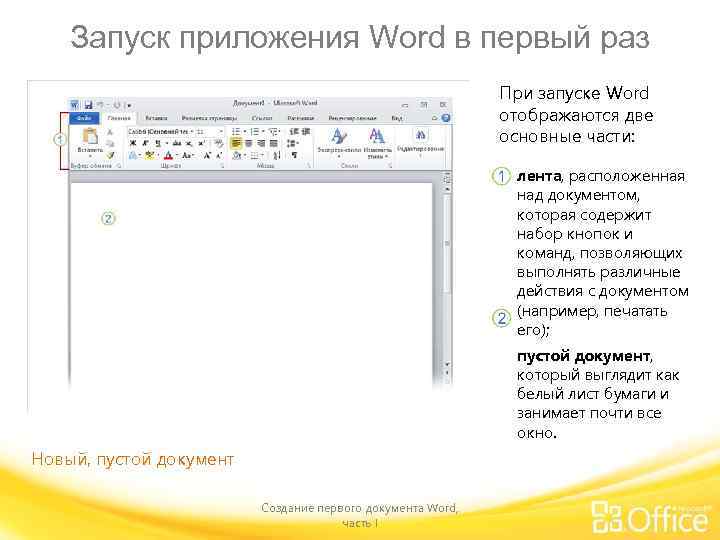 Запуск приложения Word в первый раз При запуске Word отображаются две основные части: лента,